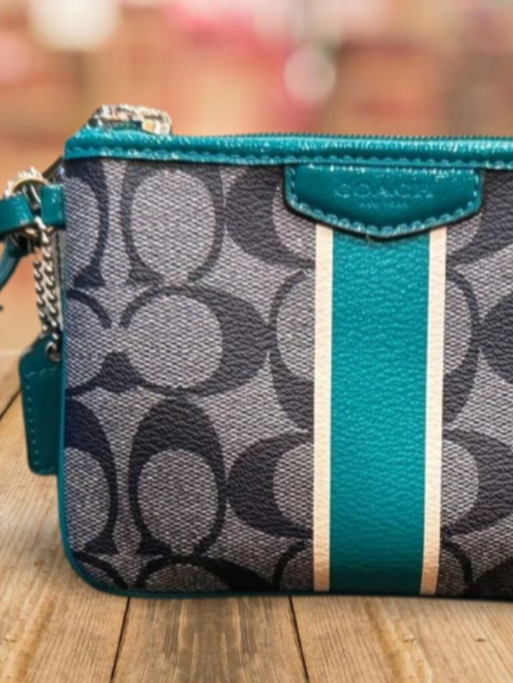 Coach Signature Stripe Small Wristlet — Teal Coated canvas with varsity stripe